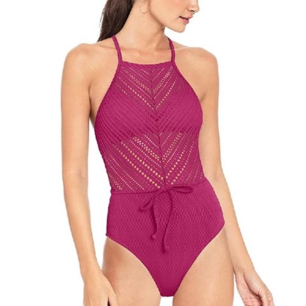 Robin Piccone Perla Mixed Crochet High Neck Swimsuit